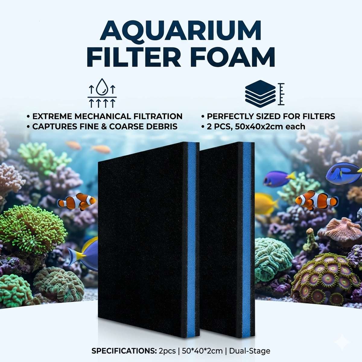 Aquarium Filter Sponge 2PCS - Biochemical Black Cotton Pad