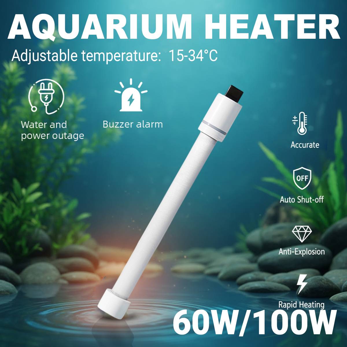 Quartz Aquarium Heating Rod - Explosion-Proof Fish Tank Heater (60W/100W)