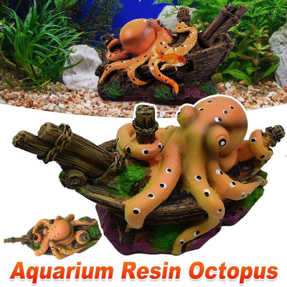 Realistic octopus aquarium decoration with a shipwreck design for fish tanks.