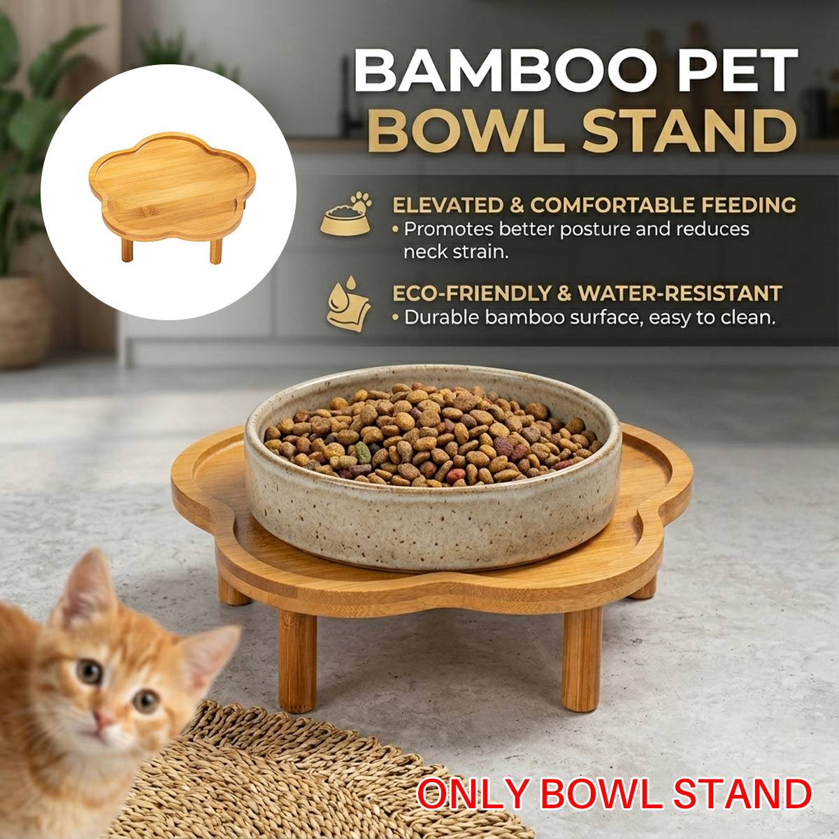 Elevated Bamboo Pet Bowl Stand | Flower Shape Tray, Raised Cat & Dog Feeder