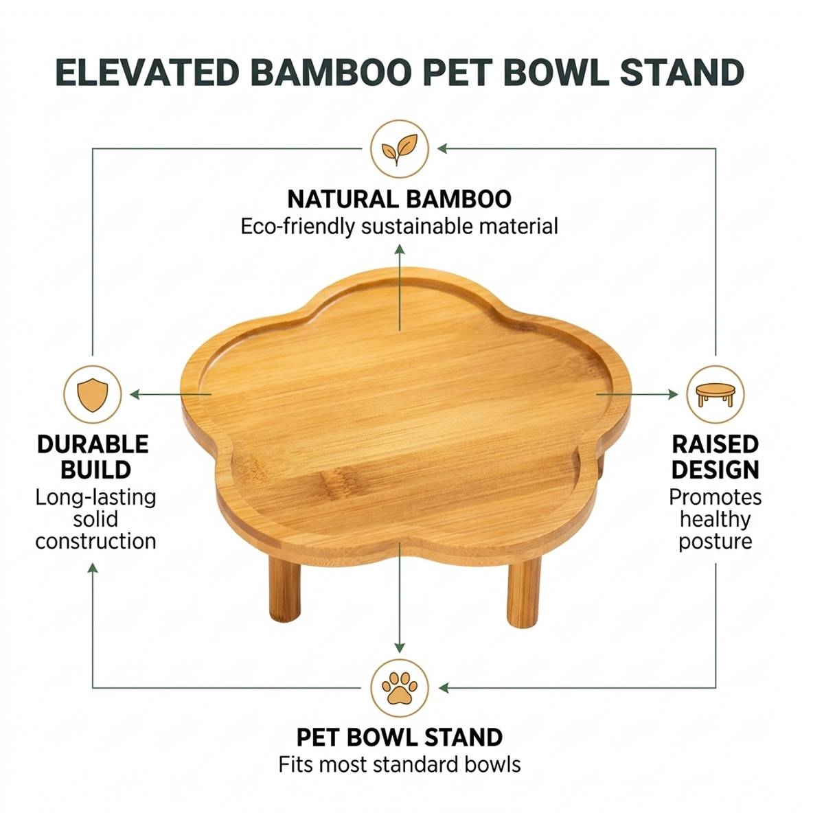 Elevated Bamboo Pet Bowl Stand | Flower Shape Tray, Raised Cat & Dog Feeder