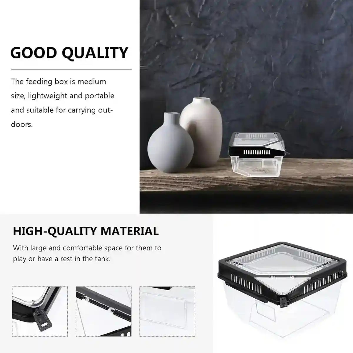 Clear Reptile Feeder Box With Locking Lid & Thermometer Slot