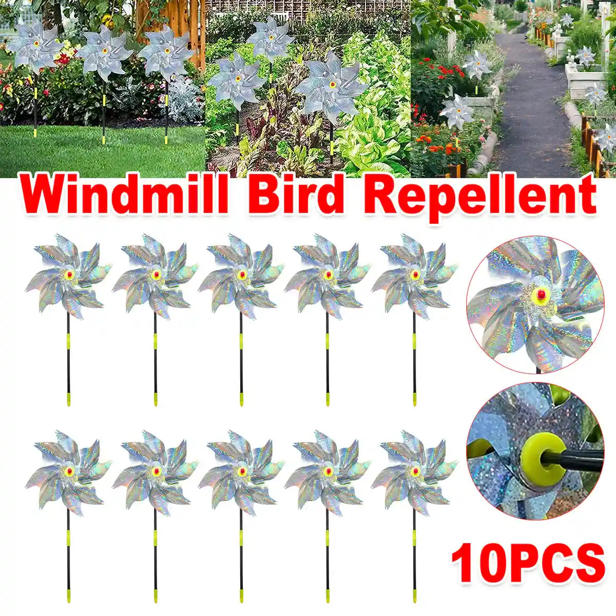 Reflective Windmill Bird Repellent 10PCS Garden Pest Deterrent Pinwheels