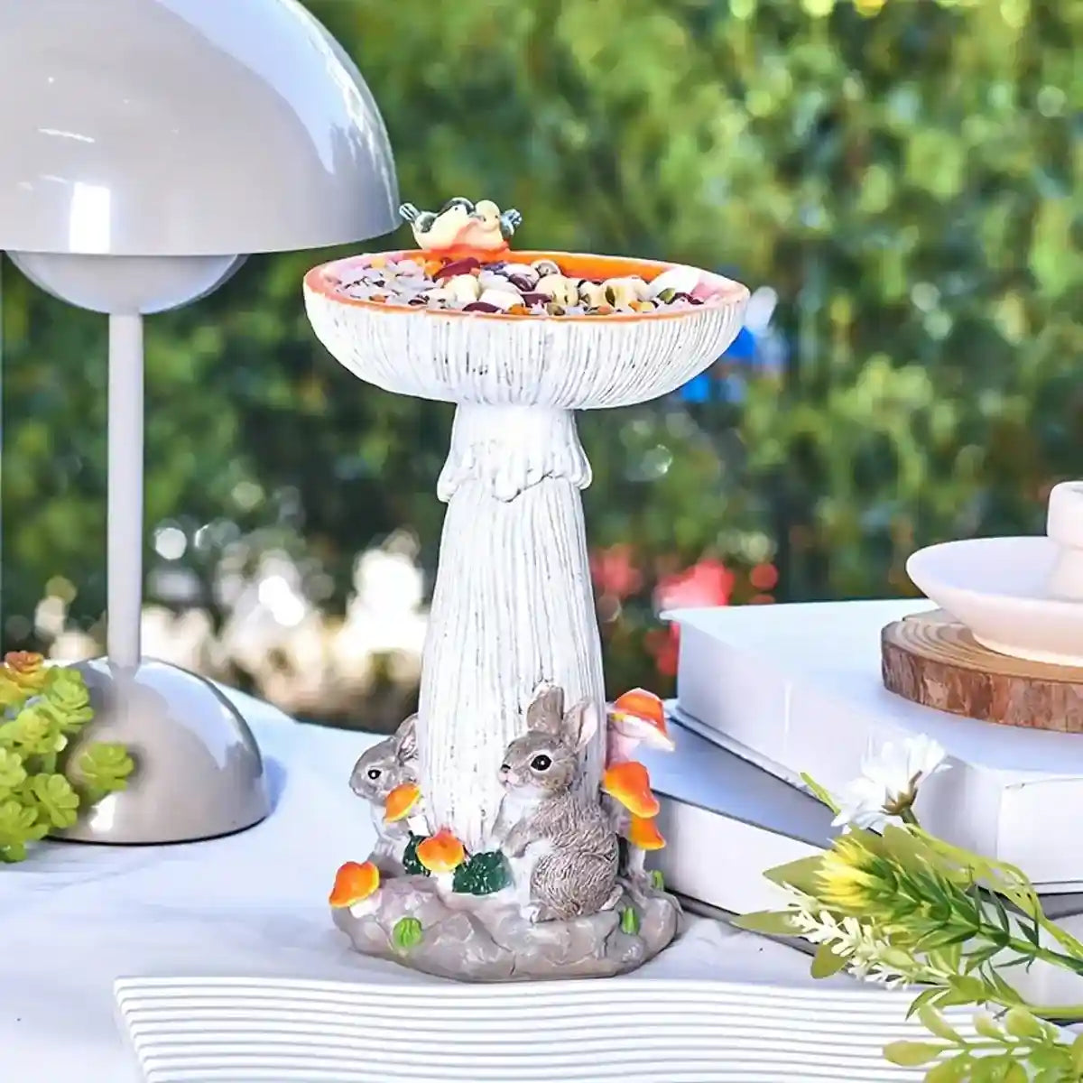 Mushroom Bird Feeder Garden Ornament with Rabbit Figurines