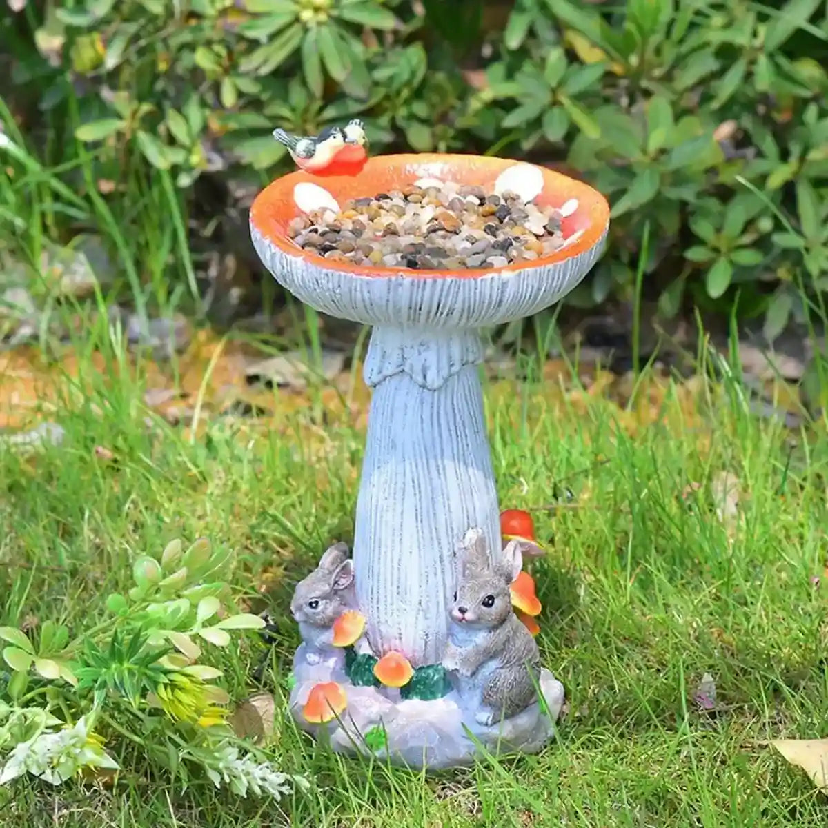 Mushroom Bird Feeder Garden Ornament with Rabbit Figurines