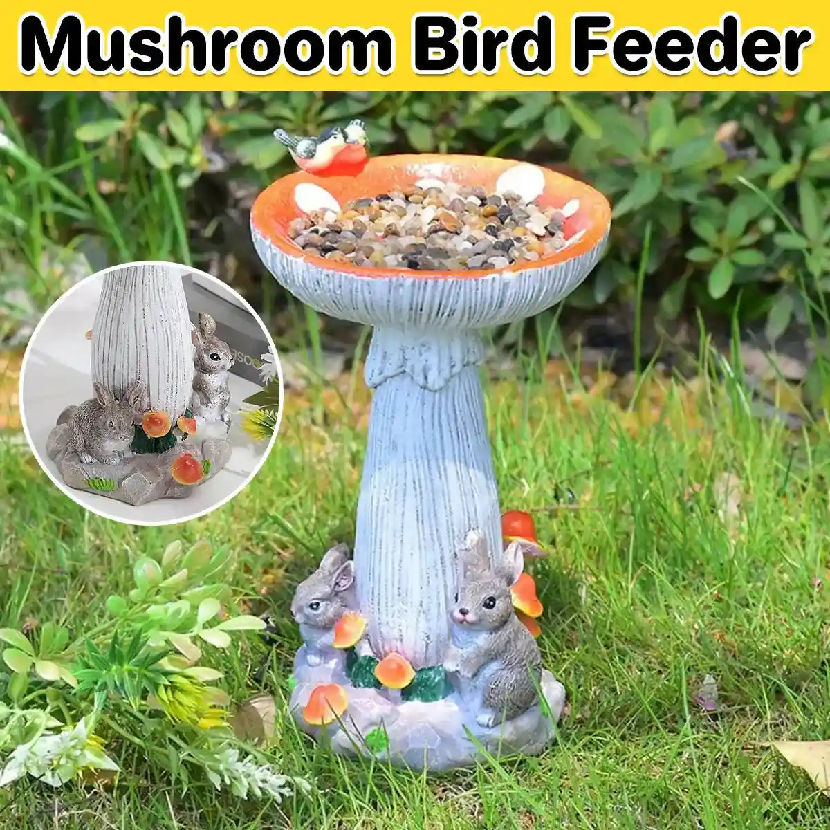 Mushroom Bird Feeder Garden Ornament with Rabbit Figurines
