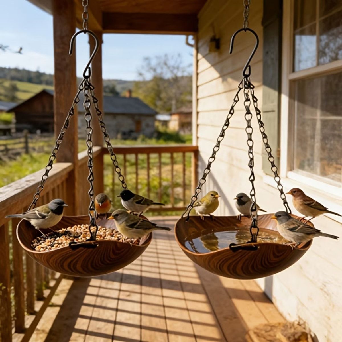 2 Pcs Wood Grain Hanging Bird Feeder Bowls