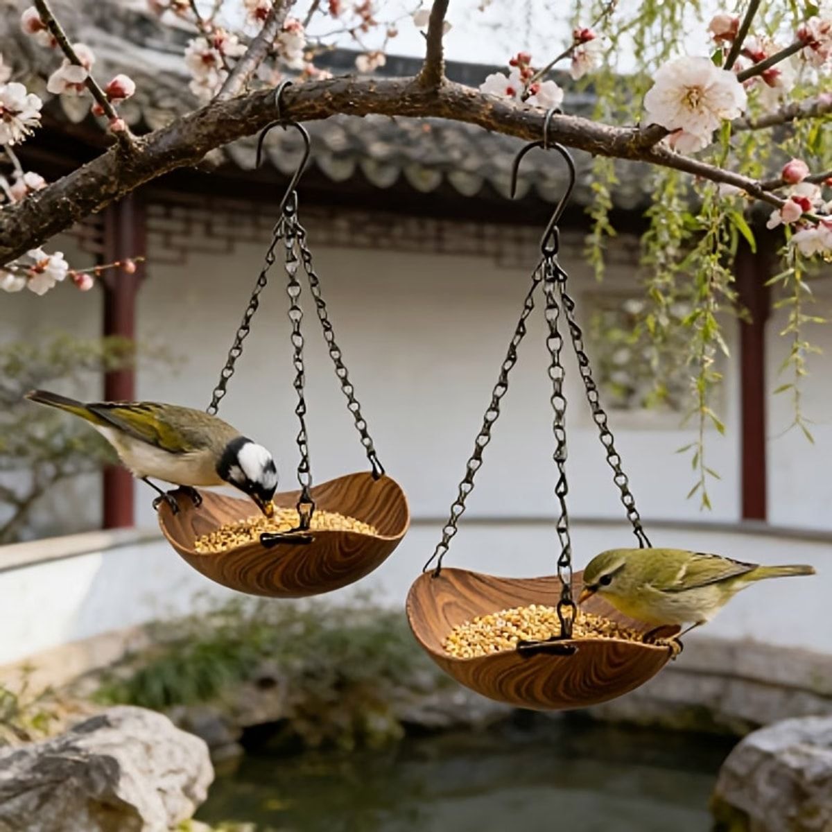 2 Pcs Wood Grain Hanging Bird Feeder Bowls