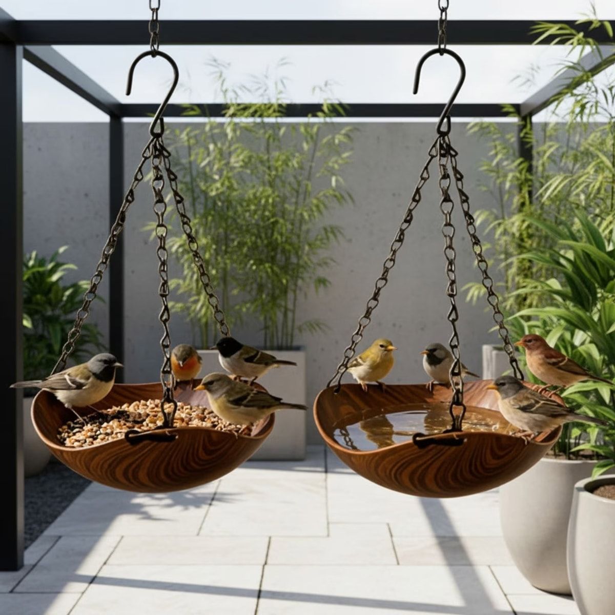 2 Pcs Wood Grain Hanging Bird Feeder Bowls