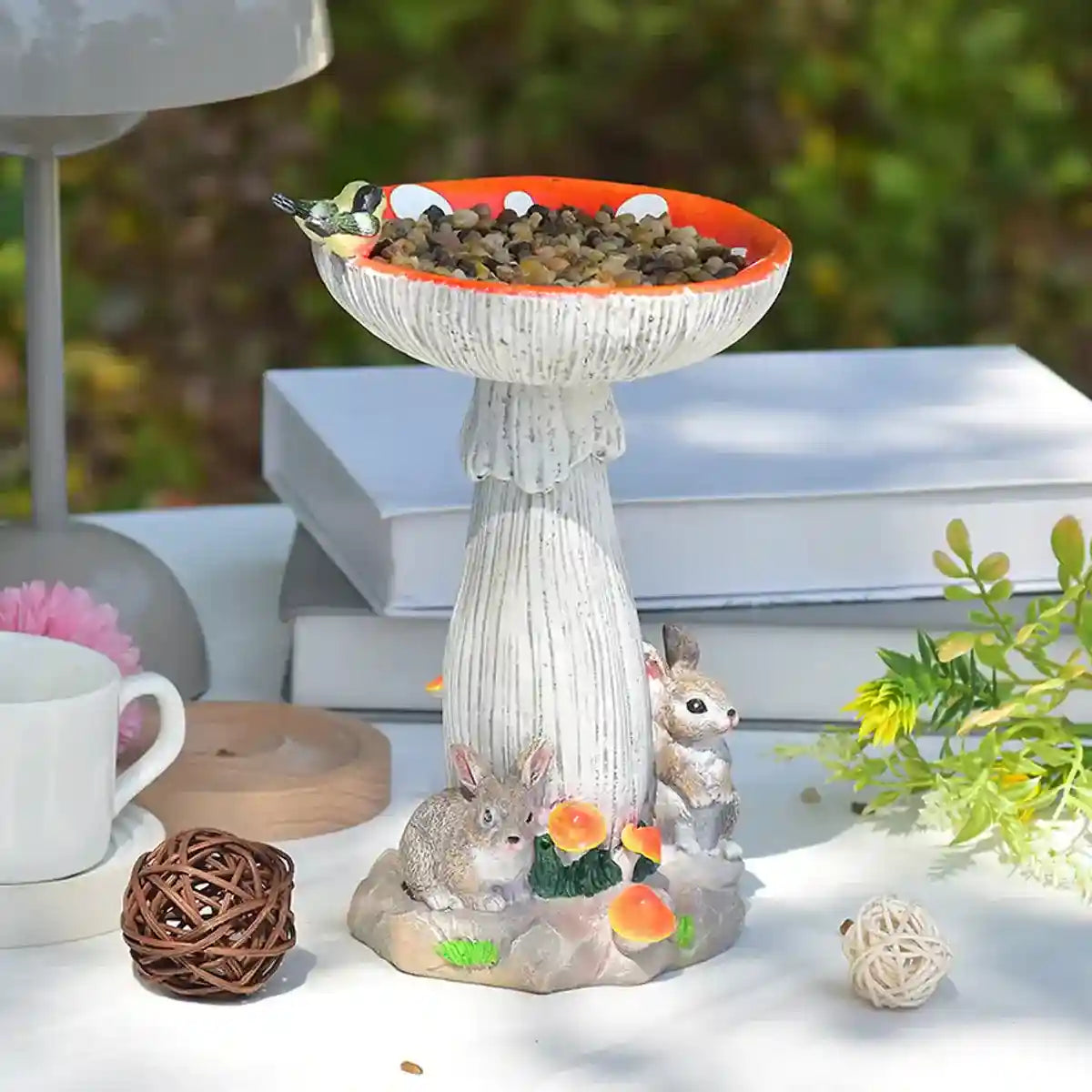 Mushroom Bird Feeder Garden Ornament with Rabbit Figurines