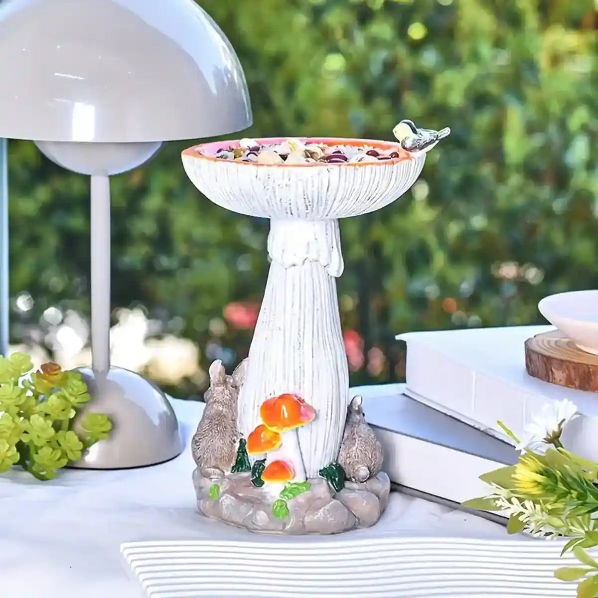 Mushroom Bird Feeder Garden Ornament with Rabbit Figurines