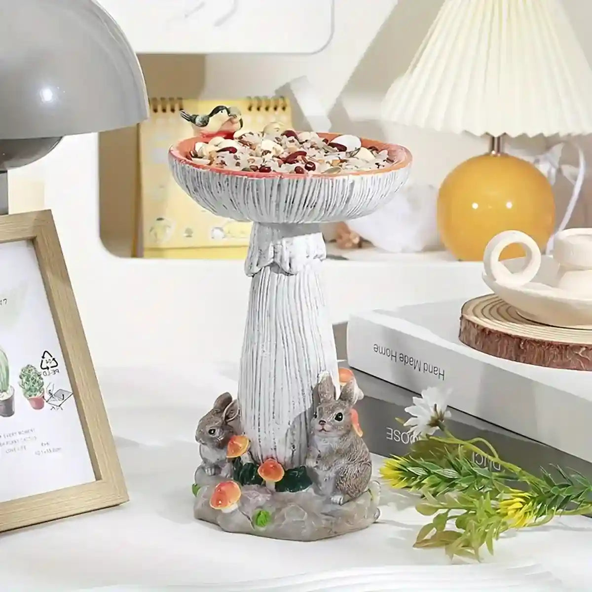 Mushroom Bird Feeder Garden Ornament with Rabbit Figurines