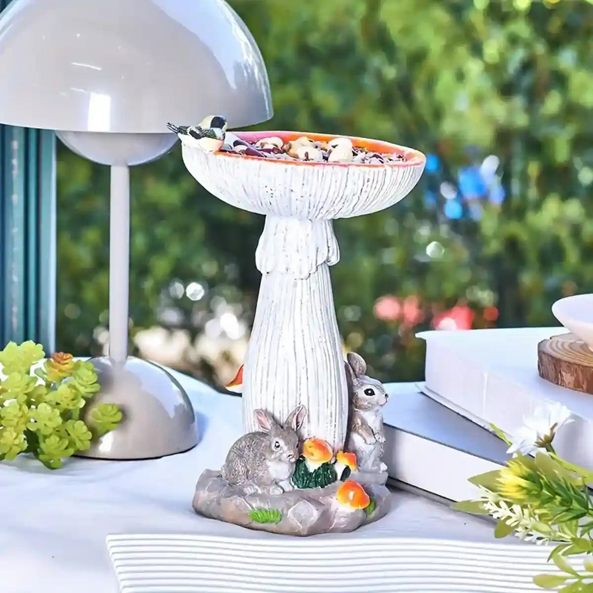 Mushroom Bird Feeder Garden Ornament with Rabbit Figurines