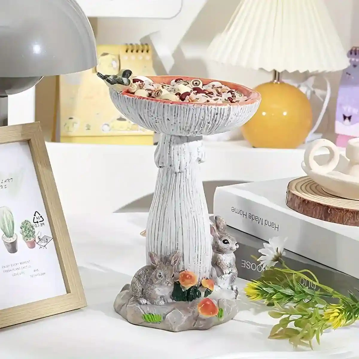 Mushroom Bird Feeder Garden Ornament with Rabbit Figurines