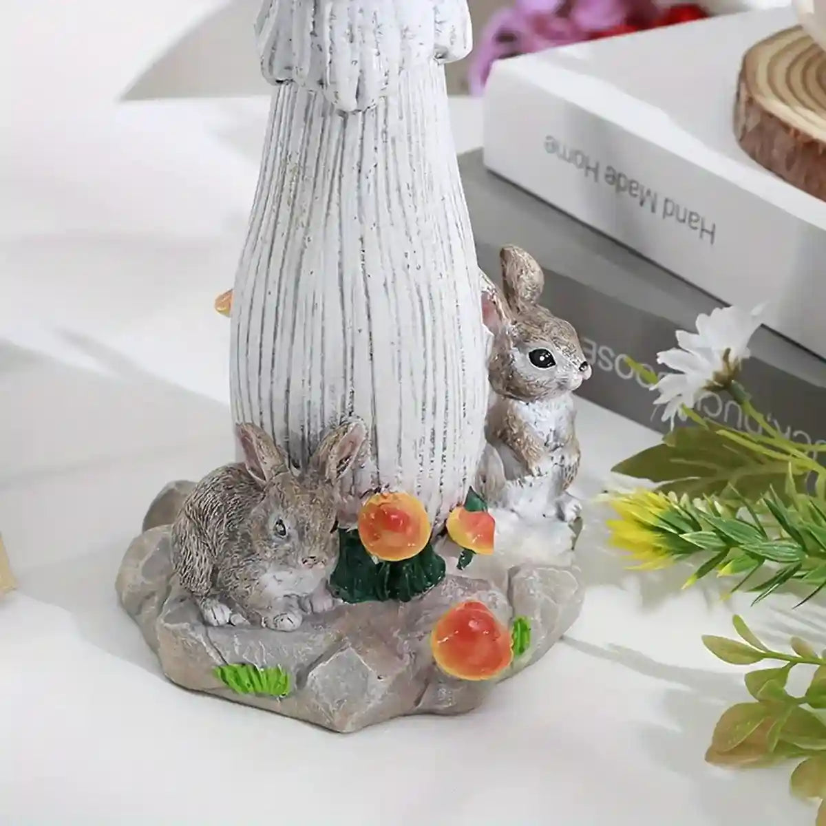 Mushroom Bird Feeder Garden Ornament with Rabbit Figurines
