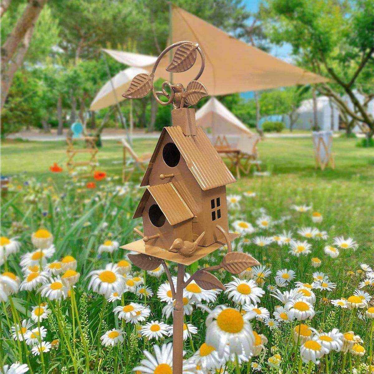 Outdoor Iron Birdhouse GardenStakes Bird House Metal Crafts Pastoral Plug-in