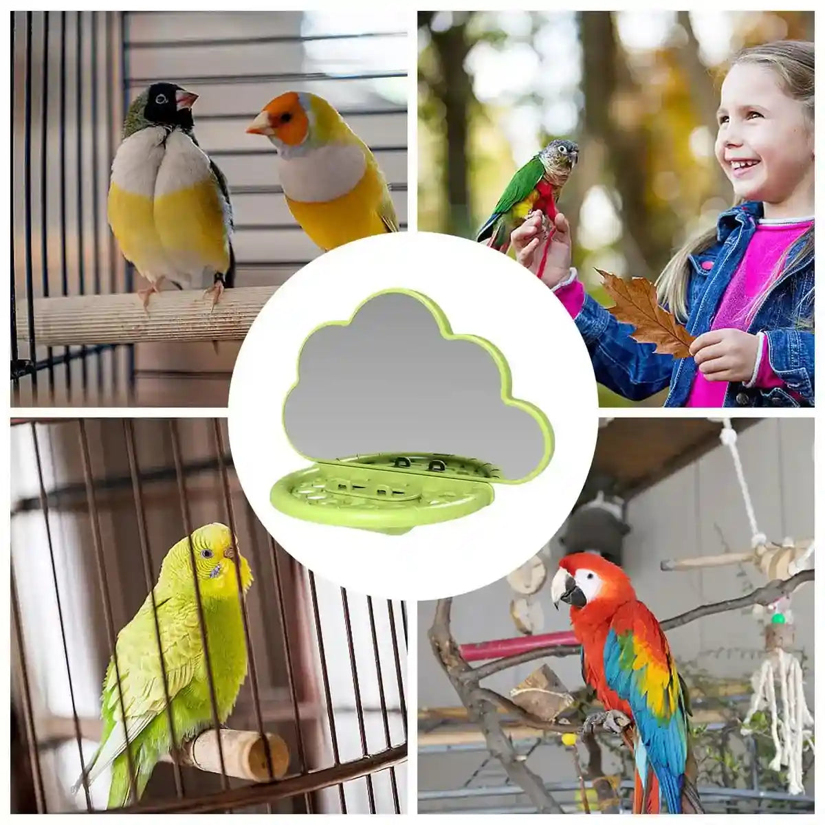 Cloud-Shaped Bird Mirror with Perch & Hidden Feeder