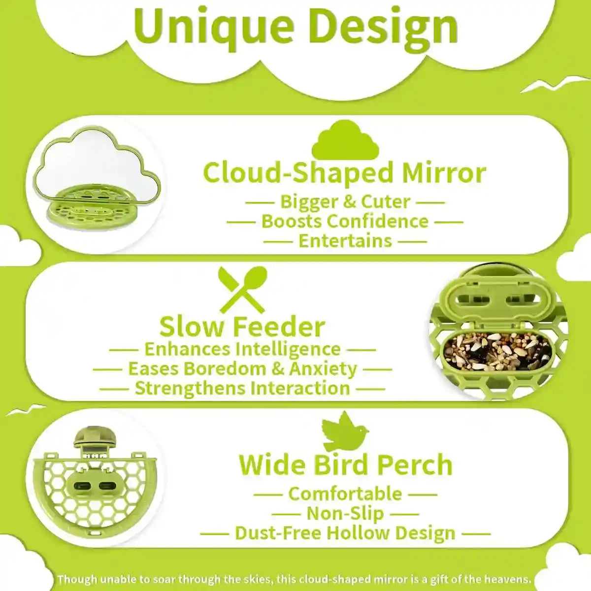 Cloud-Shaped Bird Mirror with Perch & Hidden Feeder