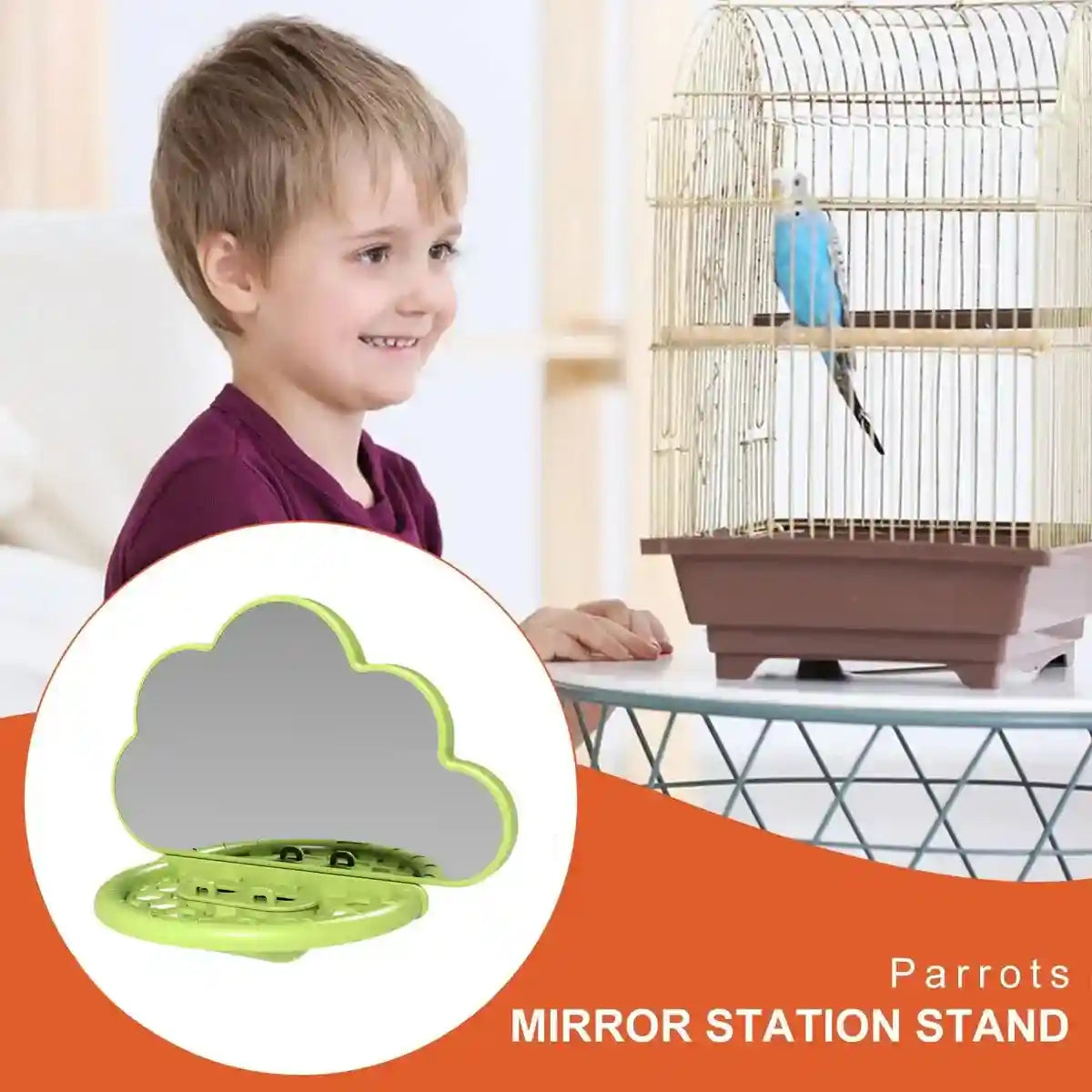 Cloud-Shaped Bird Mirror with Perch & Hidden Feeder