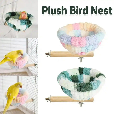 Soft plush bird nest with wooden perch for parrots, budgies, and finches.
