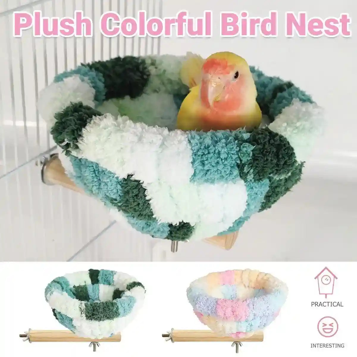 Soft Plush Bird Nest with Wooden Perch Cozy Cage Bed for Small Birds