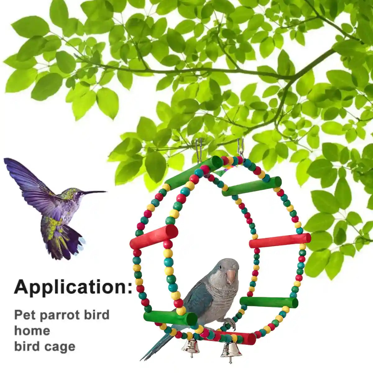 Colorful Wooden Bird Swing with Bells for Bird Cage