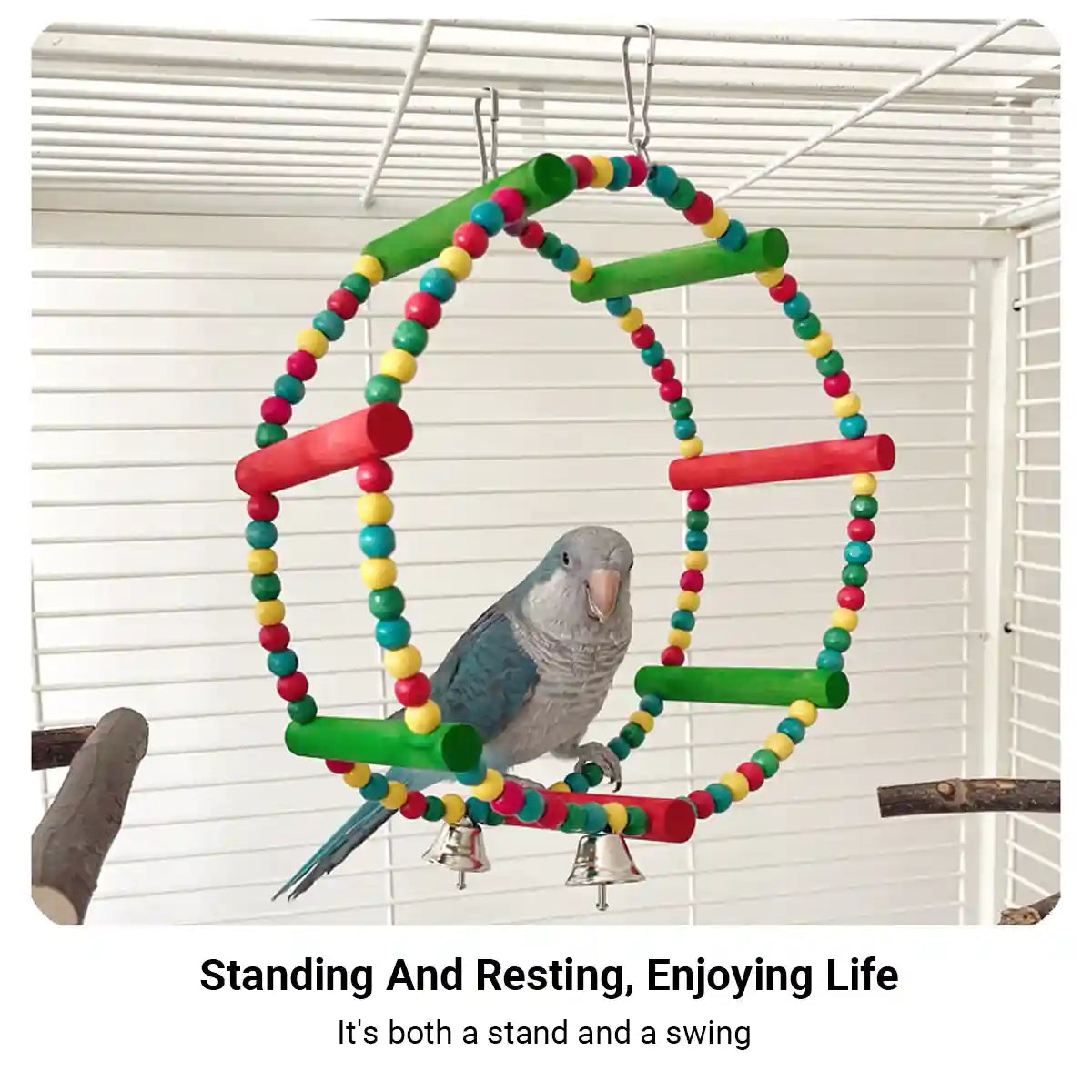 Colorful Wooden Bird Swing with Bells for Bird Cage