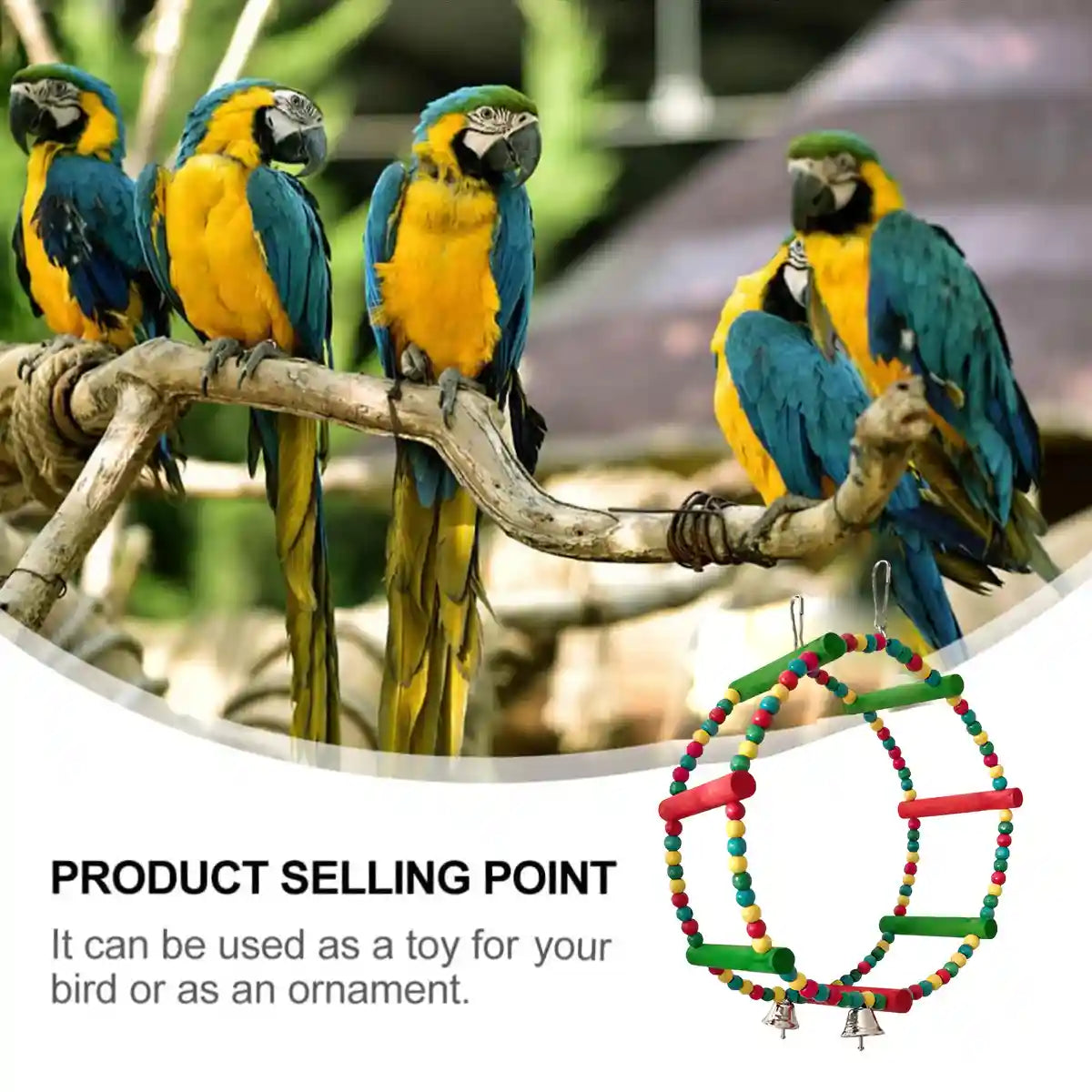 Colorful Wooden Bird Swing with Bells for Bird Cage