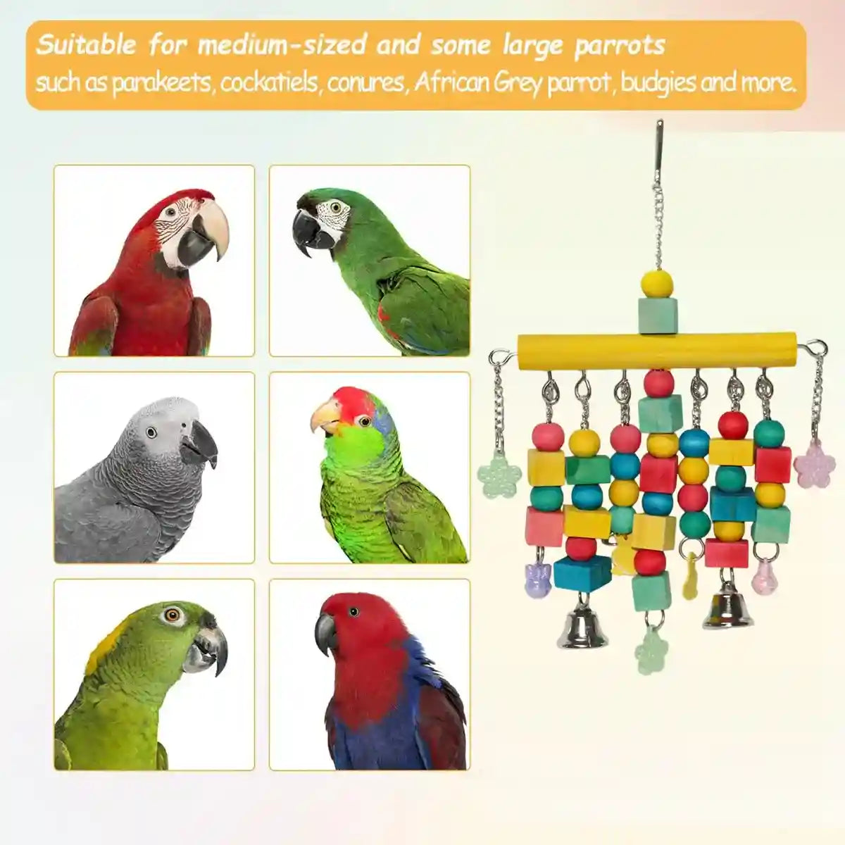 Colorful Hanging Parrot Toys with Wooden Blocks and Bells