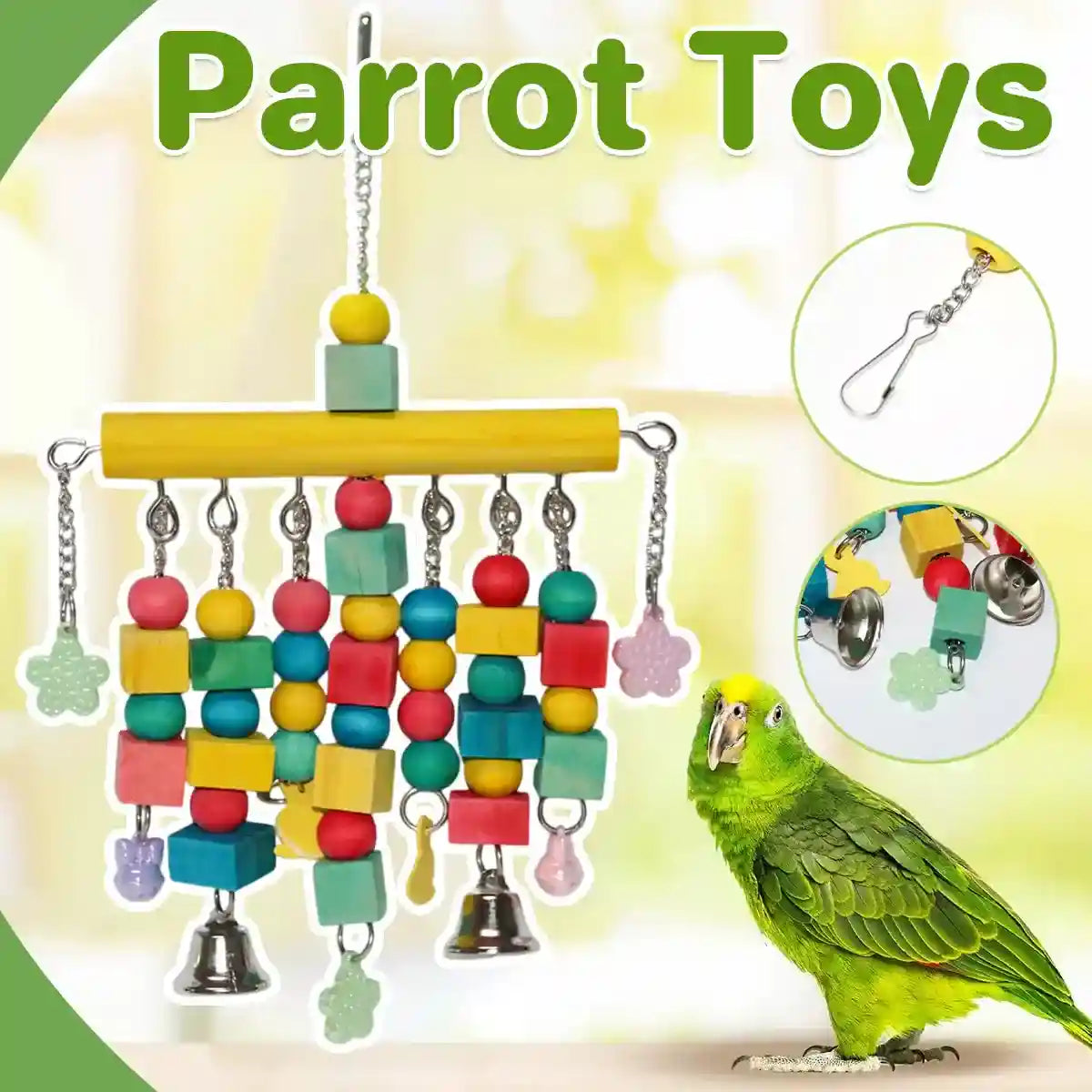 Colorful Hanging Parrot Toys with Wooden Blocks and Bells