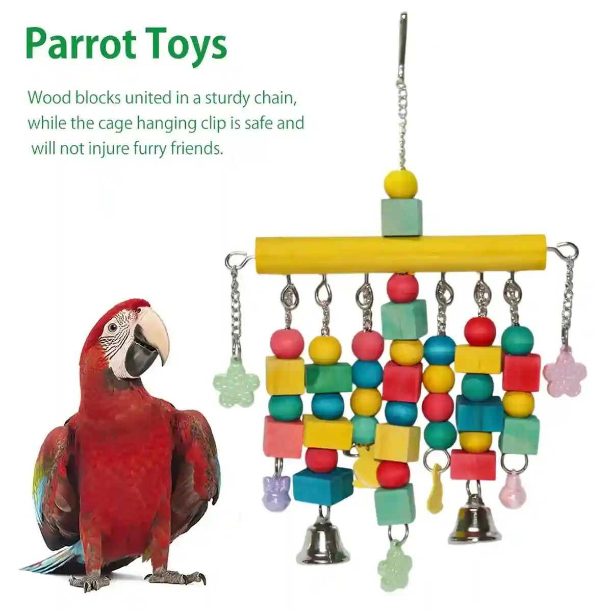 Colorful Hanging Parrot Toys with Wooden Blocks and Bells
