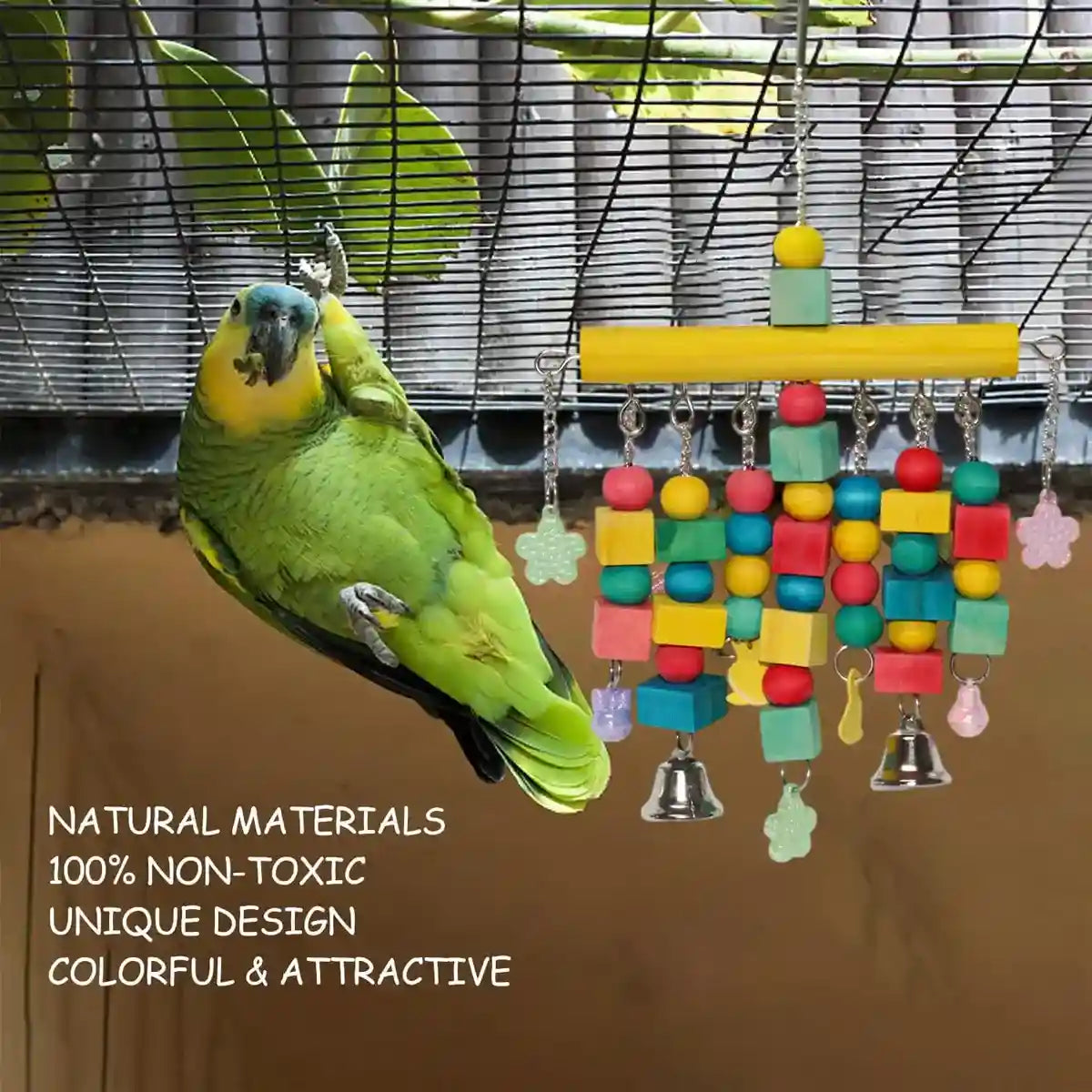 Colorful Hanging Parrot Toys with Wooden Blocks and Bells