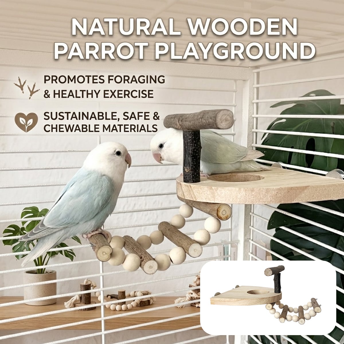 Wooden Parrot Perch Platform with Climbing Ladder for Bird Cages