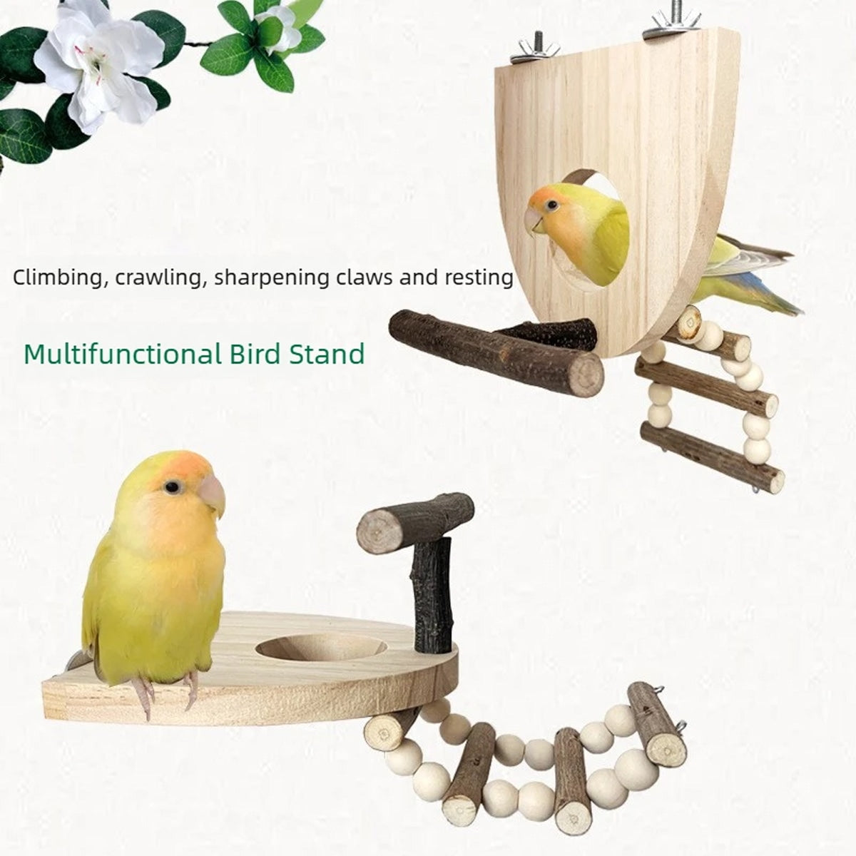 Wooden Parrot Perch Platform with Climbing Ladder for Bird Cages