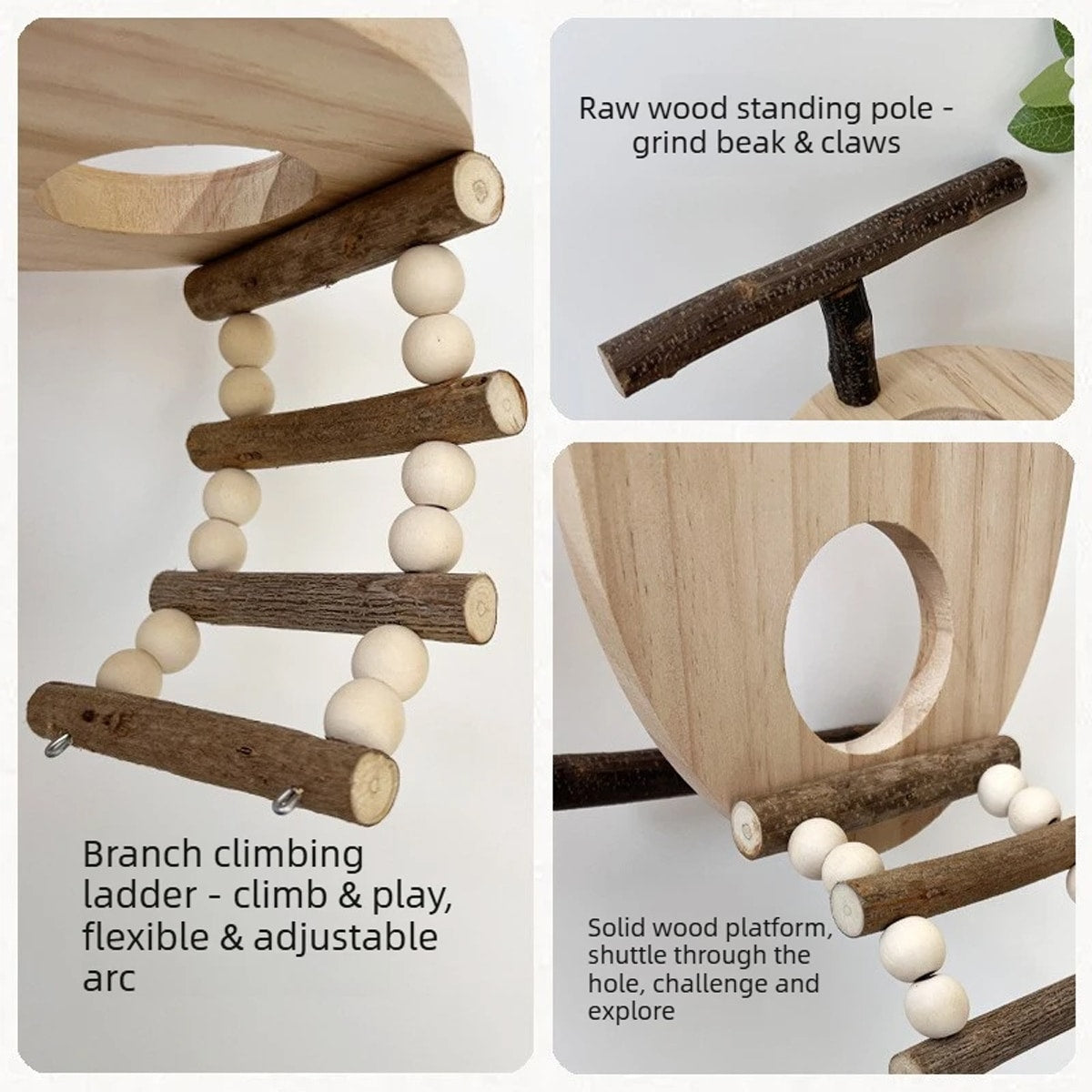 Wooden Parrot Perch Platform with Climbing Ladder for Bird Cages