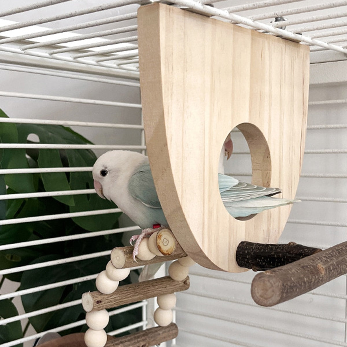 Wooden Parrot Perch Platform with Climbing Ladder for Bird Cages