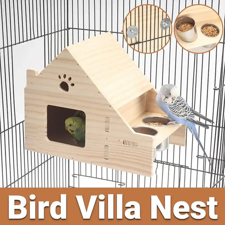 Multifunctional Wooden Bird House Villa with Feeder Natural Nesting Box