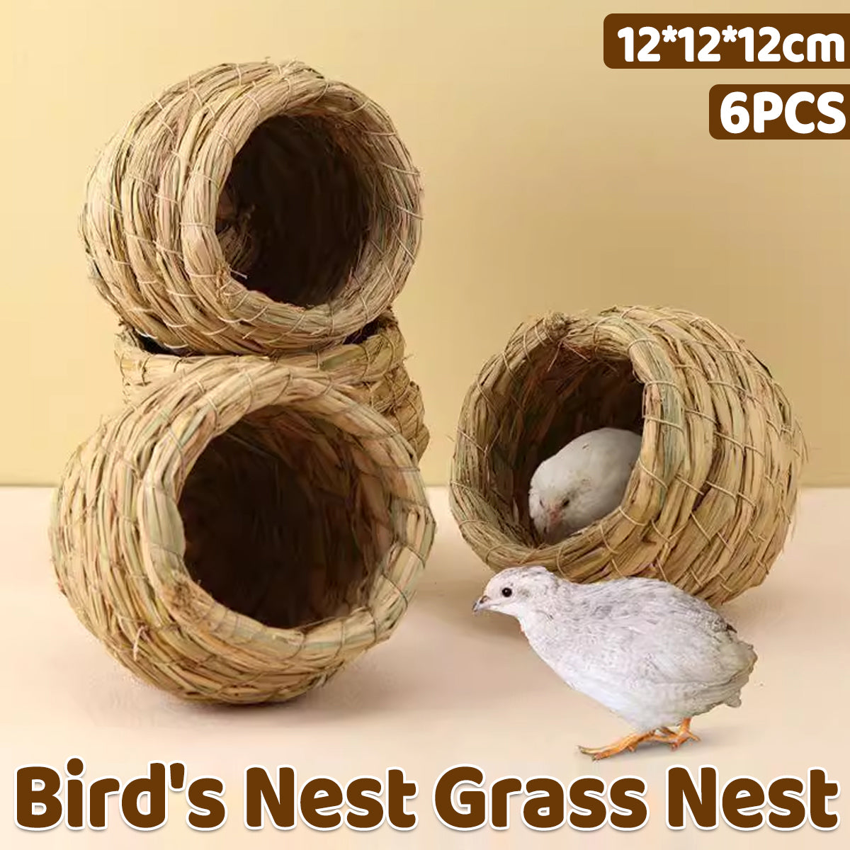 6PCS Handwoven Straw Bird Nest 12cm Natural Grass