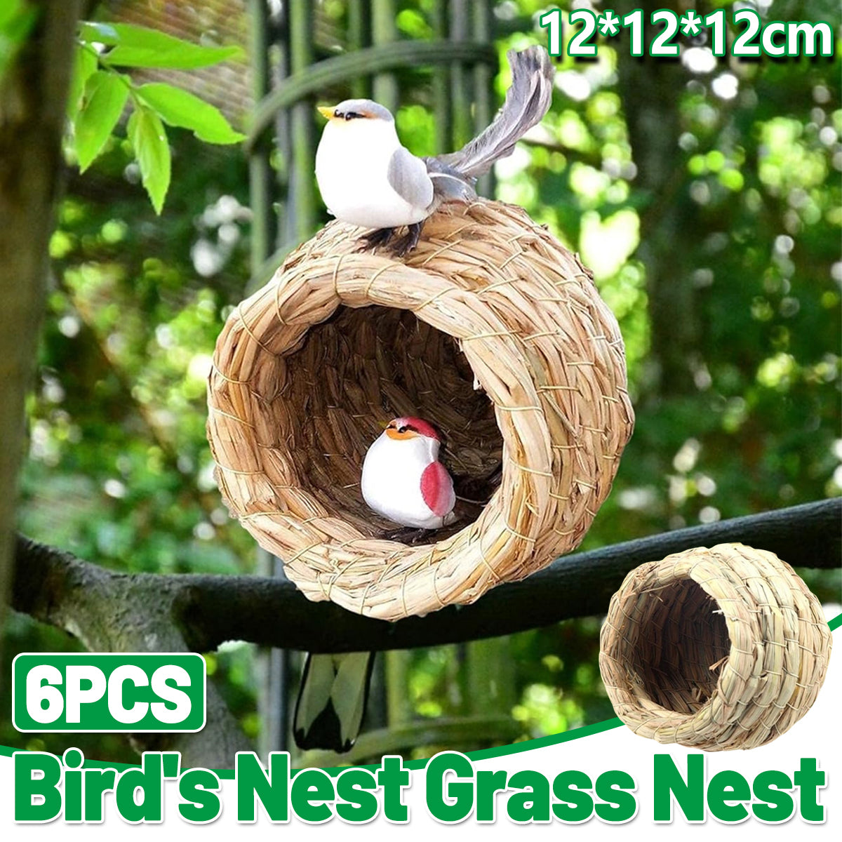 6PCS Handwoven Straw Bird Nest 12cm Natural Grass