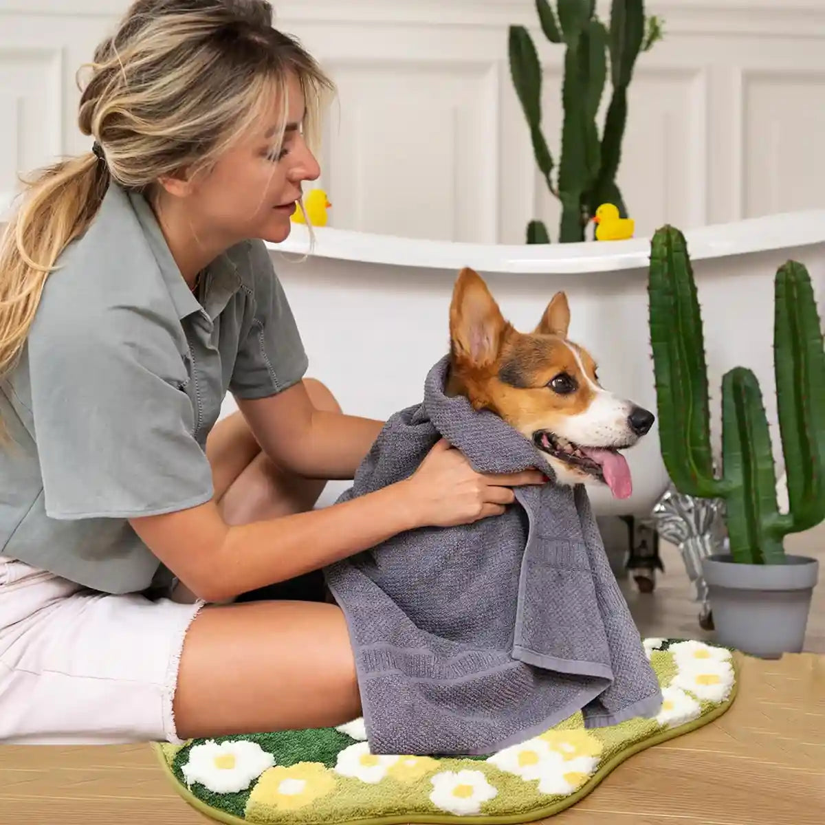 Soft Pet Floor Mat With Non-Slip Base And Flower Pattern