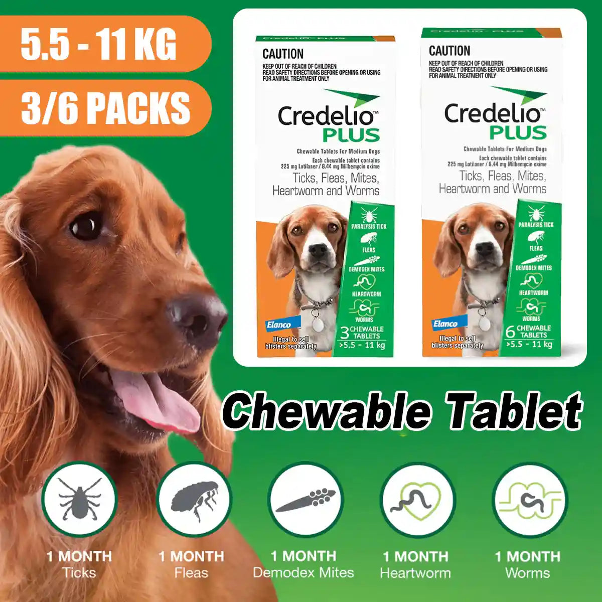 Credelio Plus Chewable Tablets For Medium Dogs 5.6-11kg