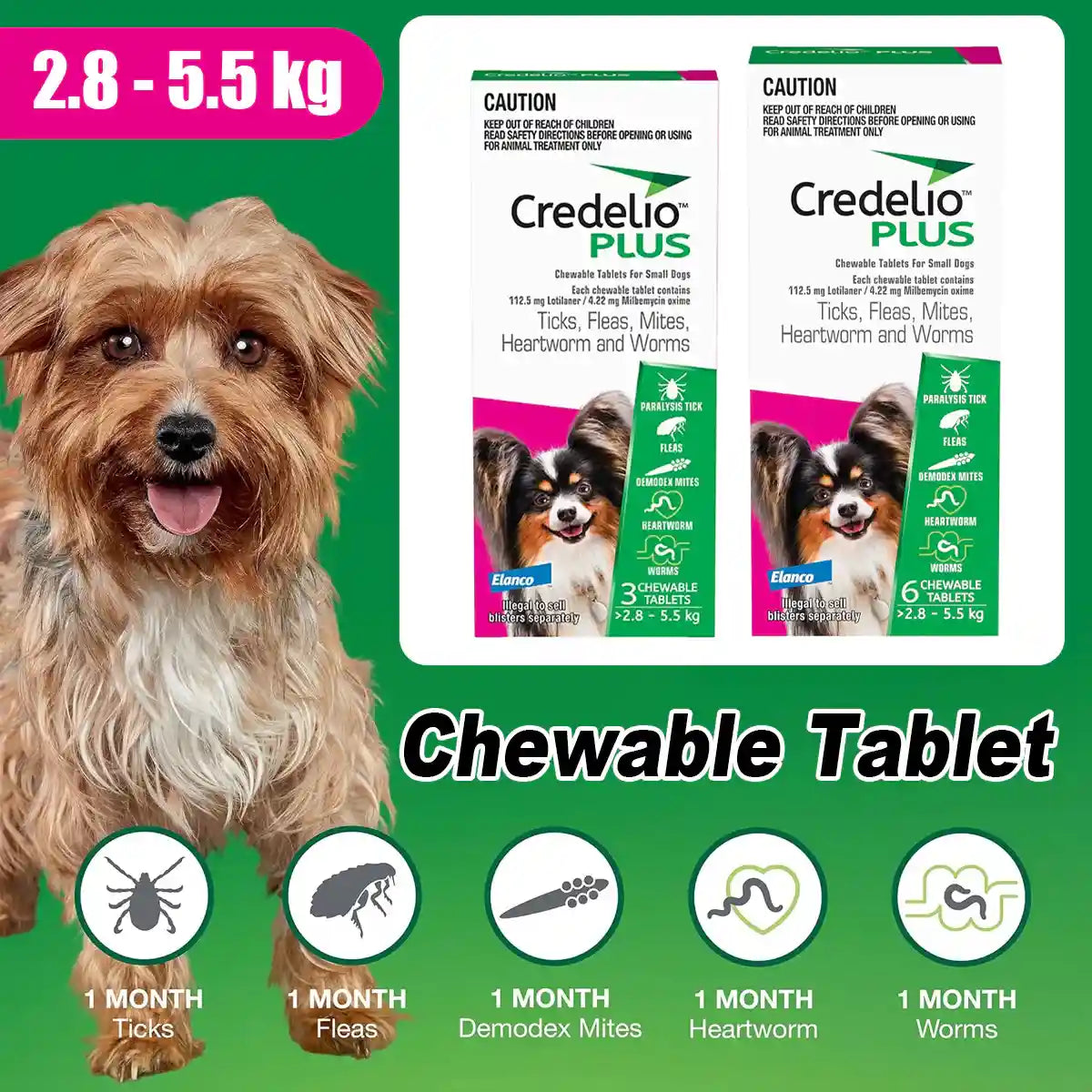 Credelio Plus Chewable Tablets For Small Dogs 2.8-5.5kg