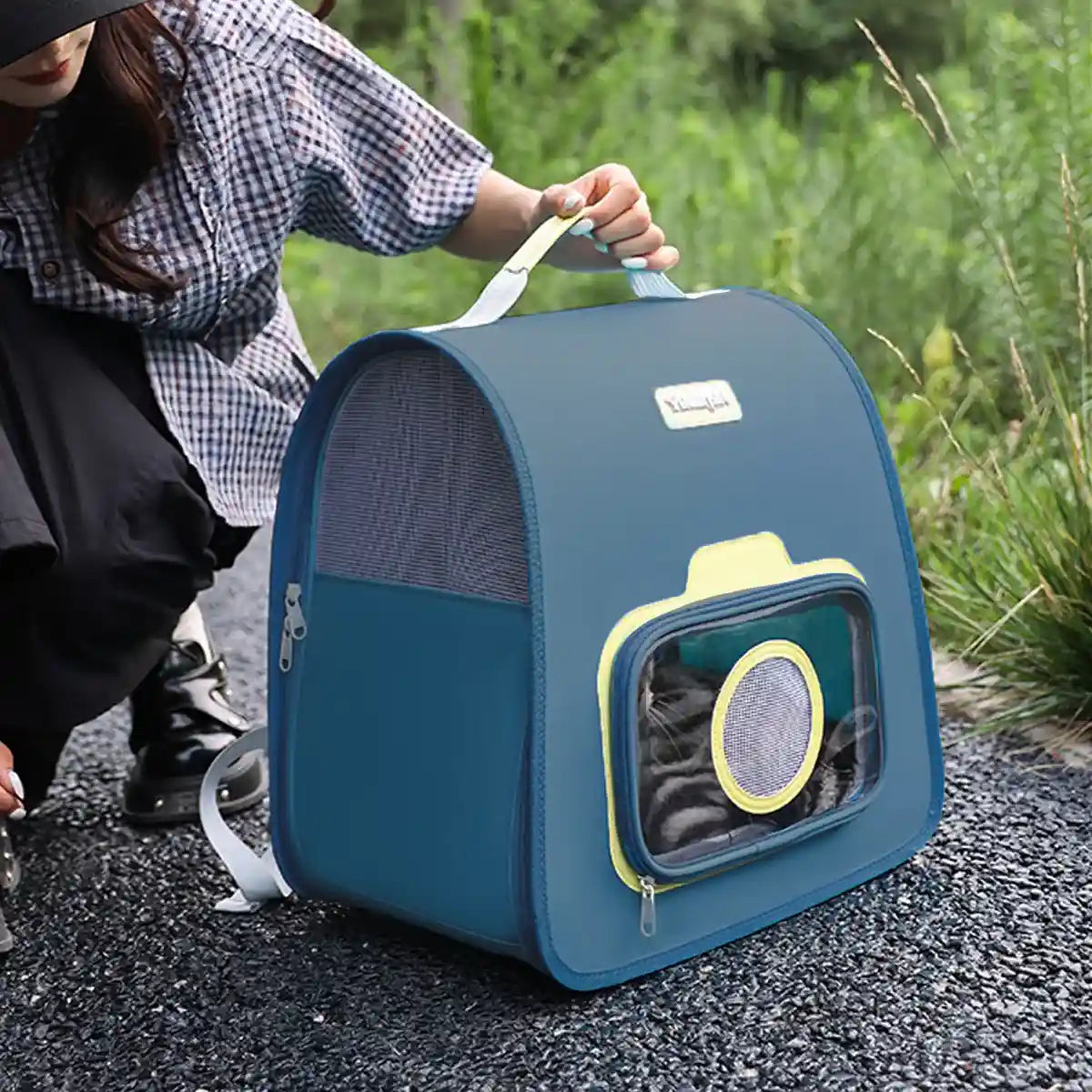Portable Cat Backpack Blue Nylon Breathable Travel Carrier