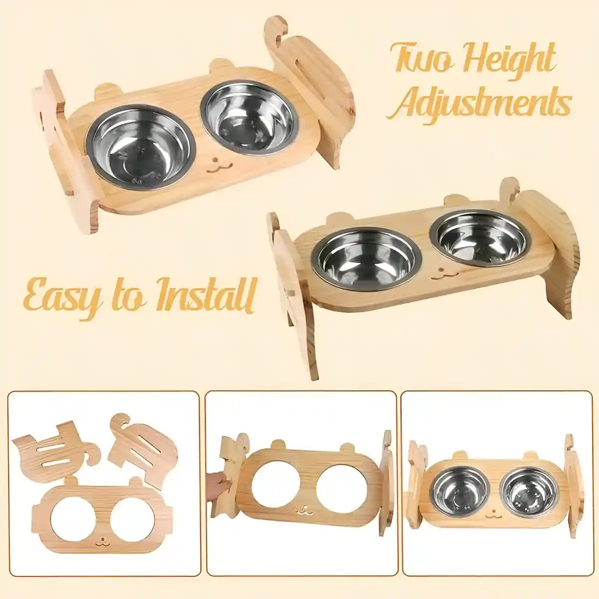 Adjustable Cat Dog Raised Bowl Stand with Stainless Steel Double Bowls