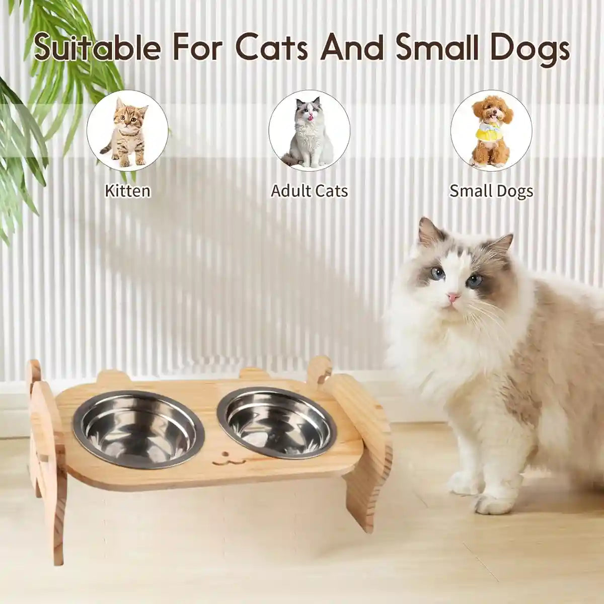 Adjustable Cat Dog Raised Bowl Stand with Stainless Steel Double Bowls