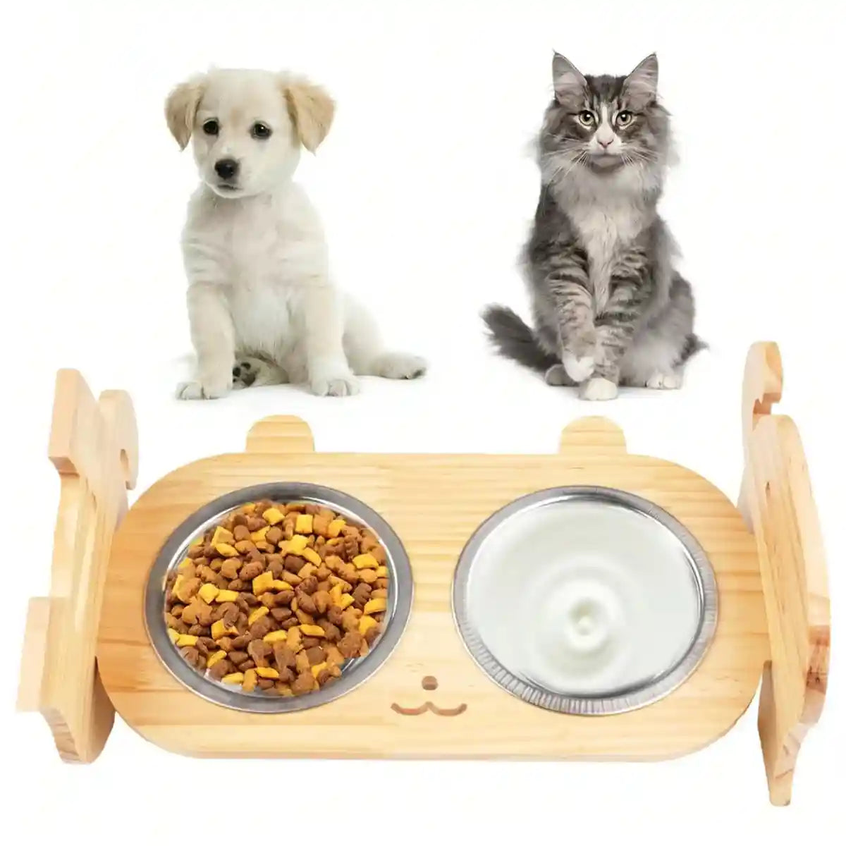 Adjustable Cat Dog Raised Bowl Stand with Stainless Steel Double Bowls