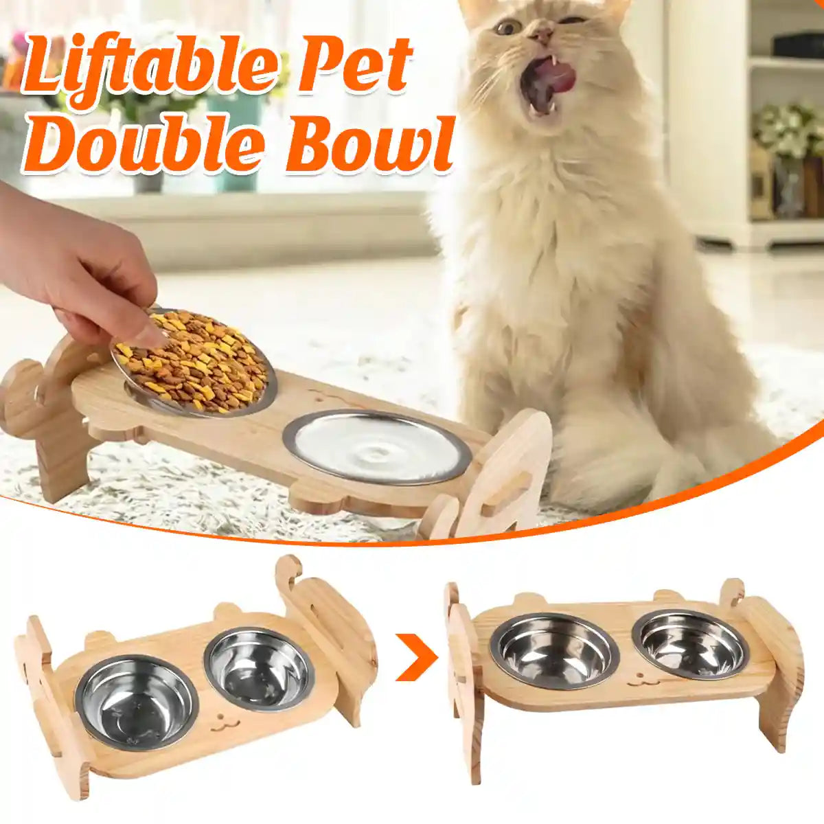Adjustable Cat Dog Raised Bowl Stand with Stainless Steel Double Bowls