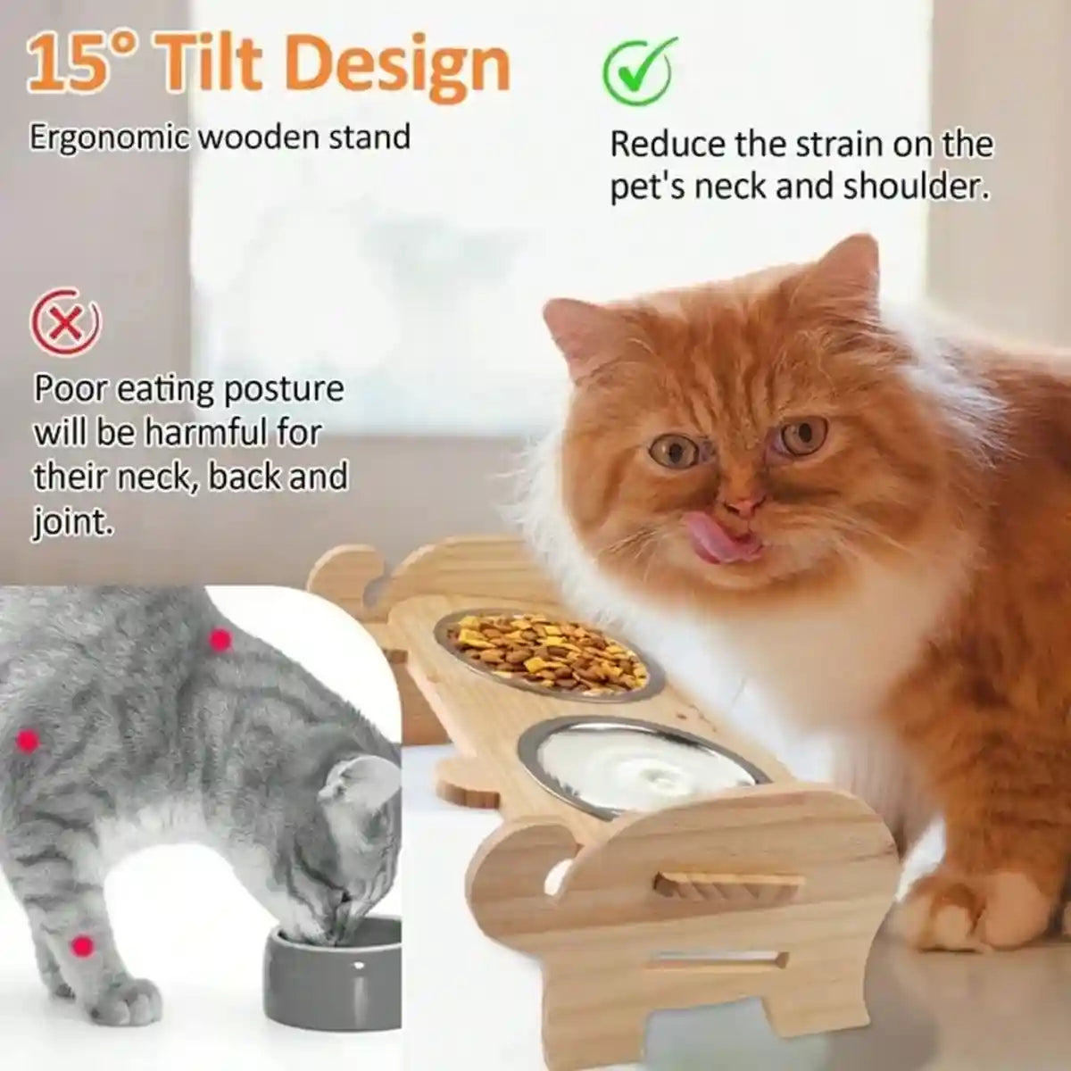 Adjustable Cat Dog Raised Bowl Stand with Stainless Steel Double Bowls