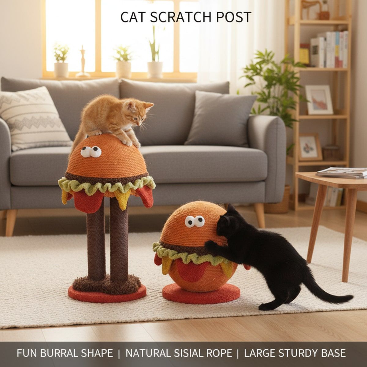 Burger Cat Scratcher Post - Sisal Rope Cat Toy Tower