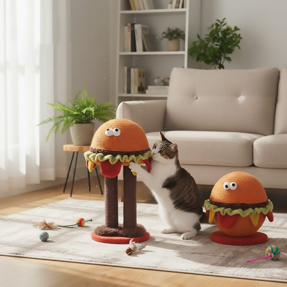 Burger Cat Scratcher Post - Sisal Rope Cat Toy Tower